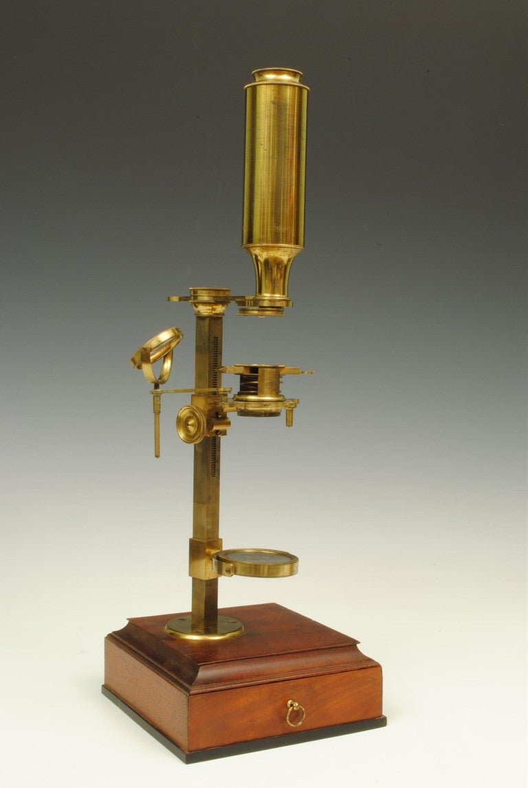 A good example of a Jones improved microscope in it's original mahogany case and an almost complete set of accessories, although not signed this is an identical model to ones that are. 